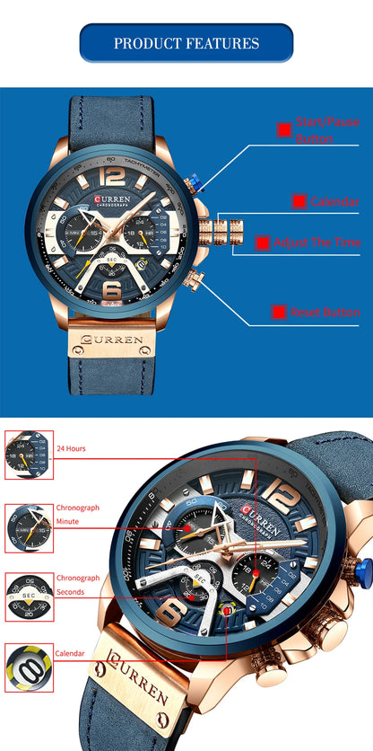 CURREN Men’s Luxury Sport Chronograph Watch Blue Dial, Leather Strap & Military Design