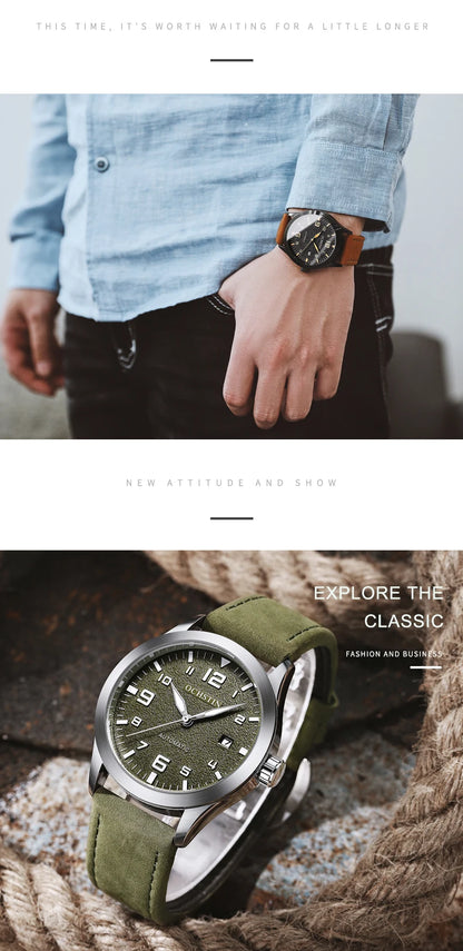 OCHSTIN Man Mechanical Pilot Wrist Watches Luxury Self Wind Leather Mechanic Male Clock Auto Date Relogio Masculino Gift for Men