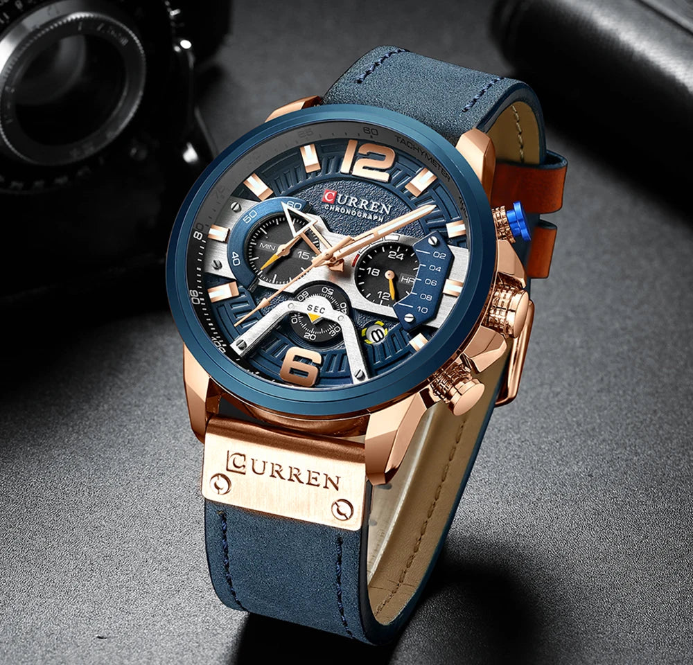 CURREN Men’s Luxury Sport Chronograph Watch Blue Dial, Leather Strap & Military Design