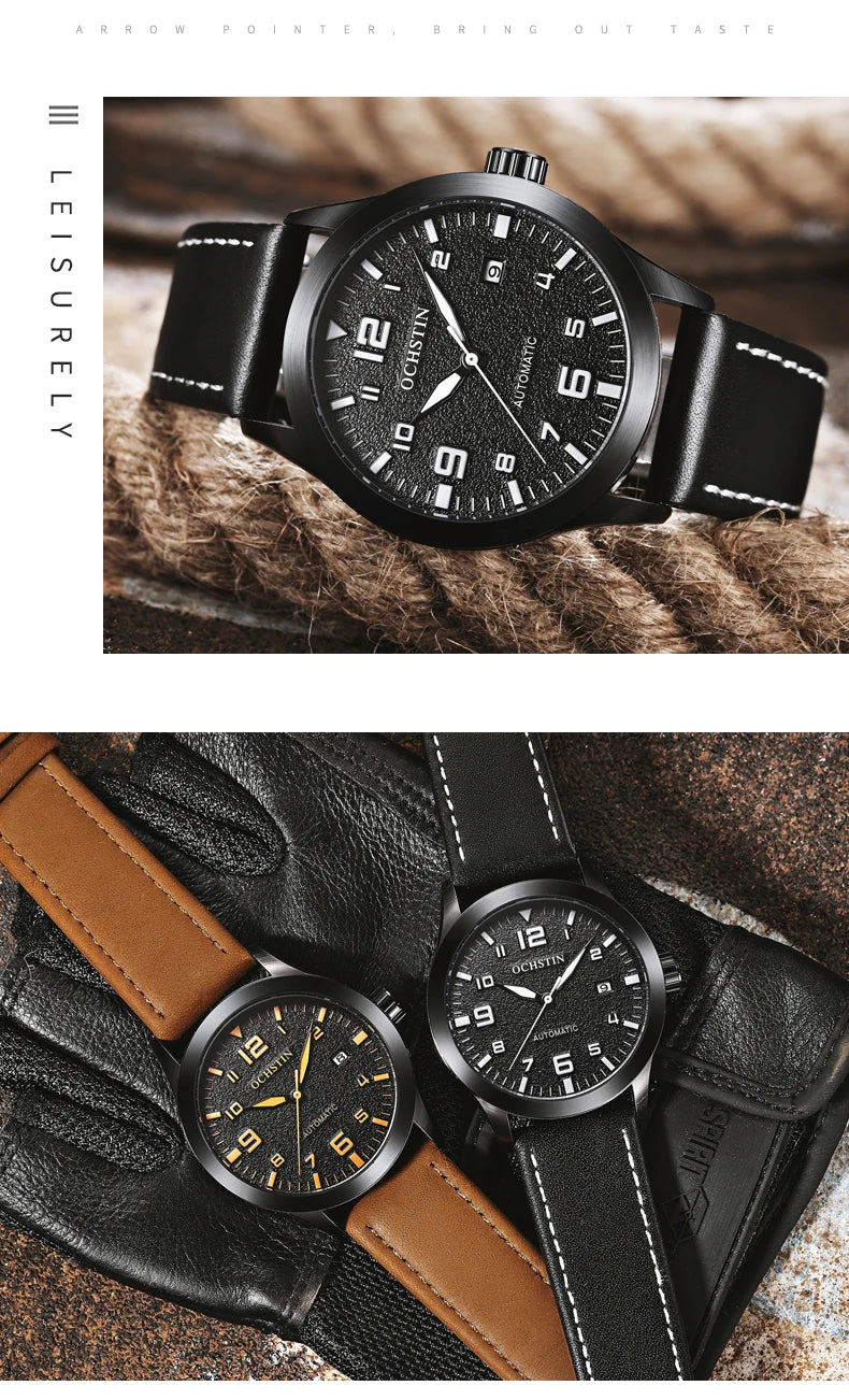 OCHSTIN Man Mechanical Pilot Wrist Watches Luxury Self Wind Leather Mechanic Male Clock Auto Date Relogio Masculino Gift for Men