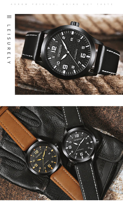 OCHSTIN Man Mechanical Pilot Wrist Watches Luxury Self Wind Leather Mechanic Male Clock Auto Date Relogio Masculino Gift for Men