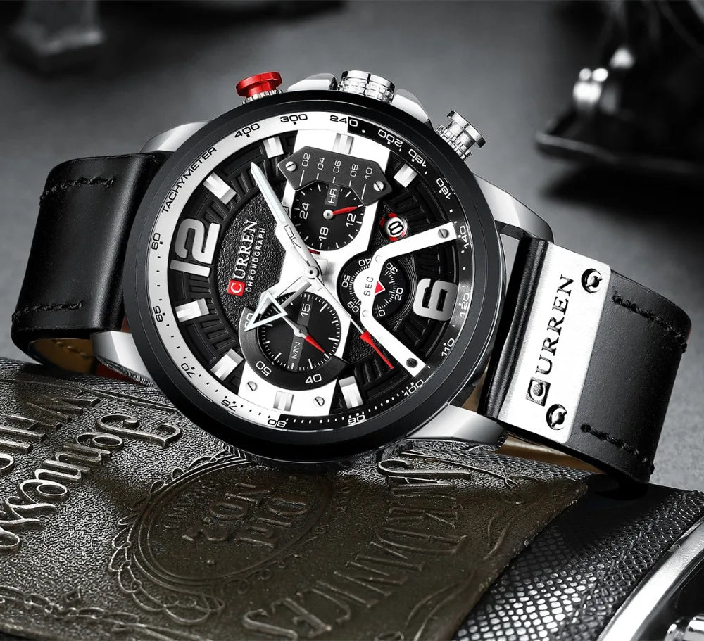 CURREN Men’s Luxury Sport Chronograph Watch Blue Dial, Leather Strap & Military Design