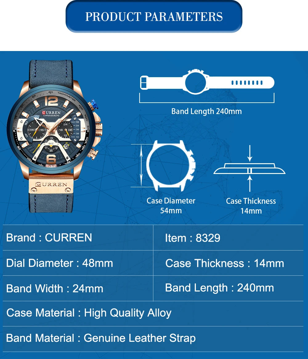 CURREN Men’s Luxury Sport Chronograph Watch Blue Dial, Leather Strap & Military Design