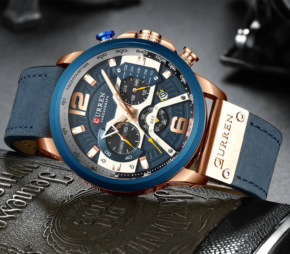 CURREN Men’s Luxury Sport Chronograph Watch Blue Dial, Leather Strap & Military Design