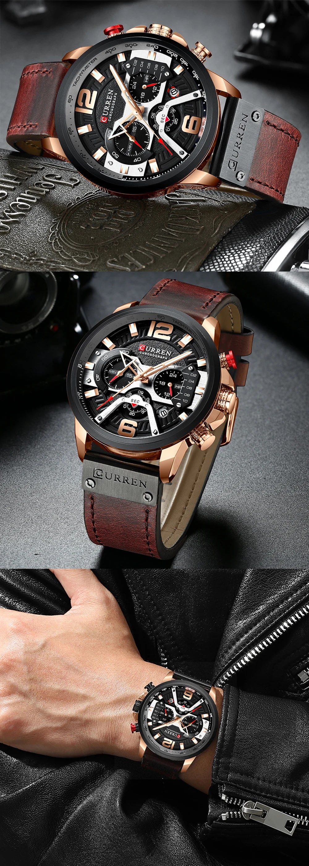 CURREN Men’s Luxury Sport Chronograph Watch Blue Dial, Leather Strap & Military Design