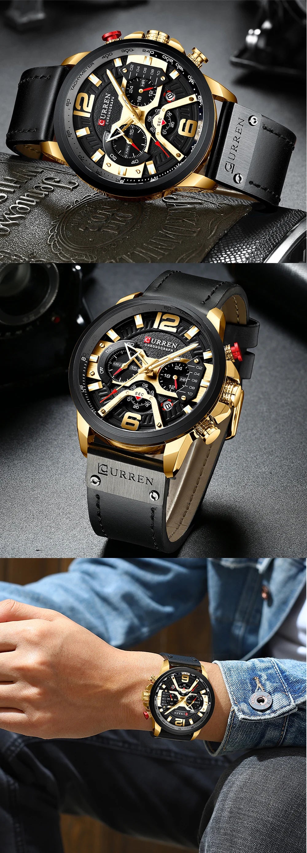 CURREN Men’s Luxury Sport Chronograph Watch Blue Dial, Leather Strap & Military Design