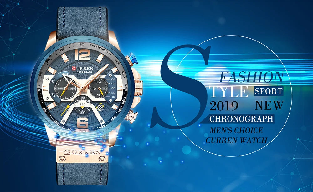CURREN Men’s Luxury Sport Chronograph Watch Blue Dial, Leather Strap & Military Design