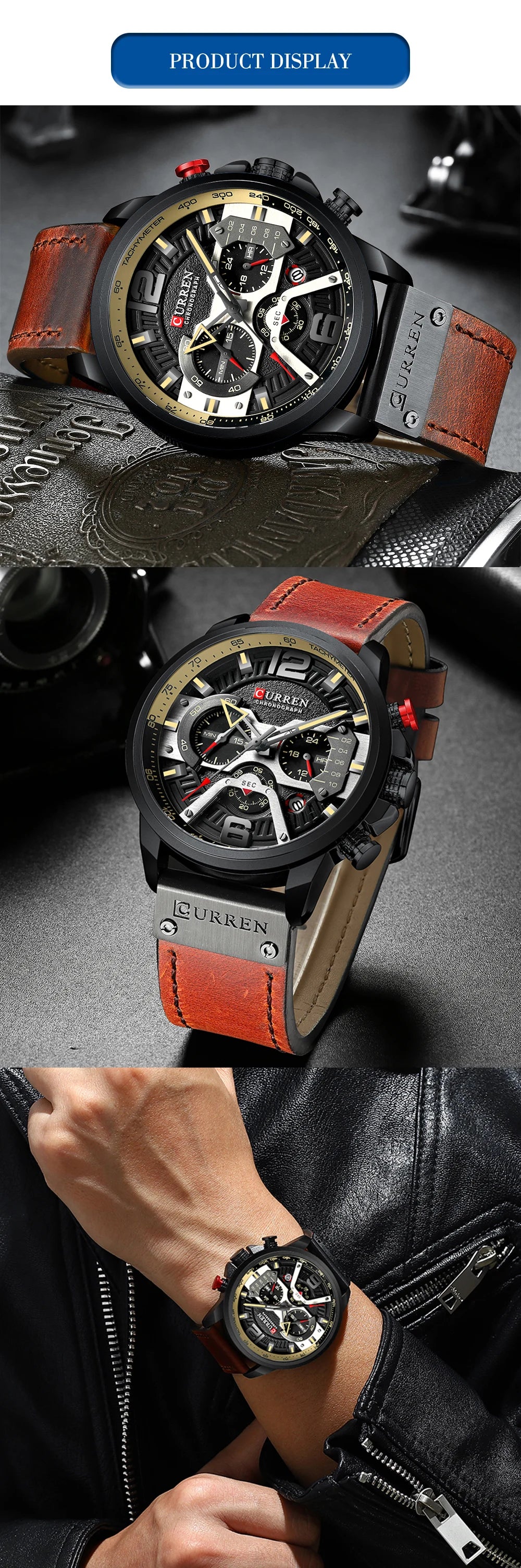 CURREN Men’s Luxury Sport Chronograph Watch Blue Dial, Leather Strap & Military Design