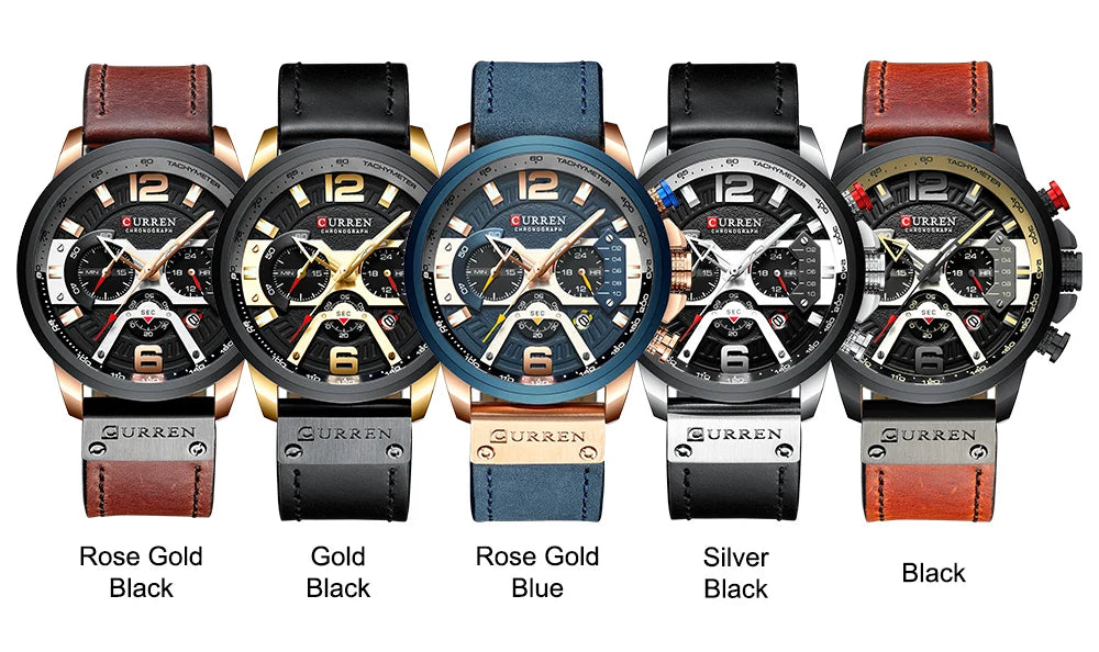 CURREN Men’s Luxury Sport Chronograph Watch Blue Dial, Leather Strap & Military Design