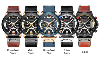 CURREN Men’s Luxury Sport Chronograph Watch Blue Dial, Leather Strap & Military Design