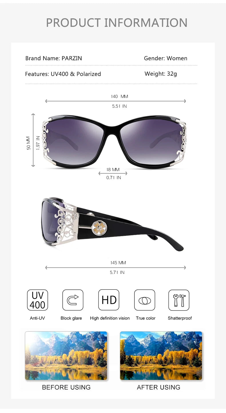 PARZIN Luxury Sunglasses Women Polarized Sun Glasses For Driving Vintage Female Ladies Shades Sunglasses Black With Packing PZ18