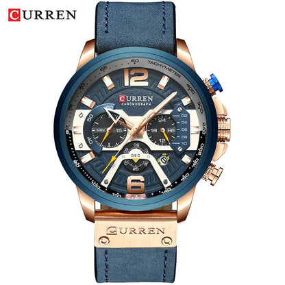 CURREN Men’s Luxury Sport Chronograph Watch Blue Dial, Leather Strap & Military Design