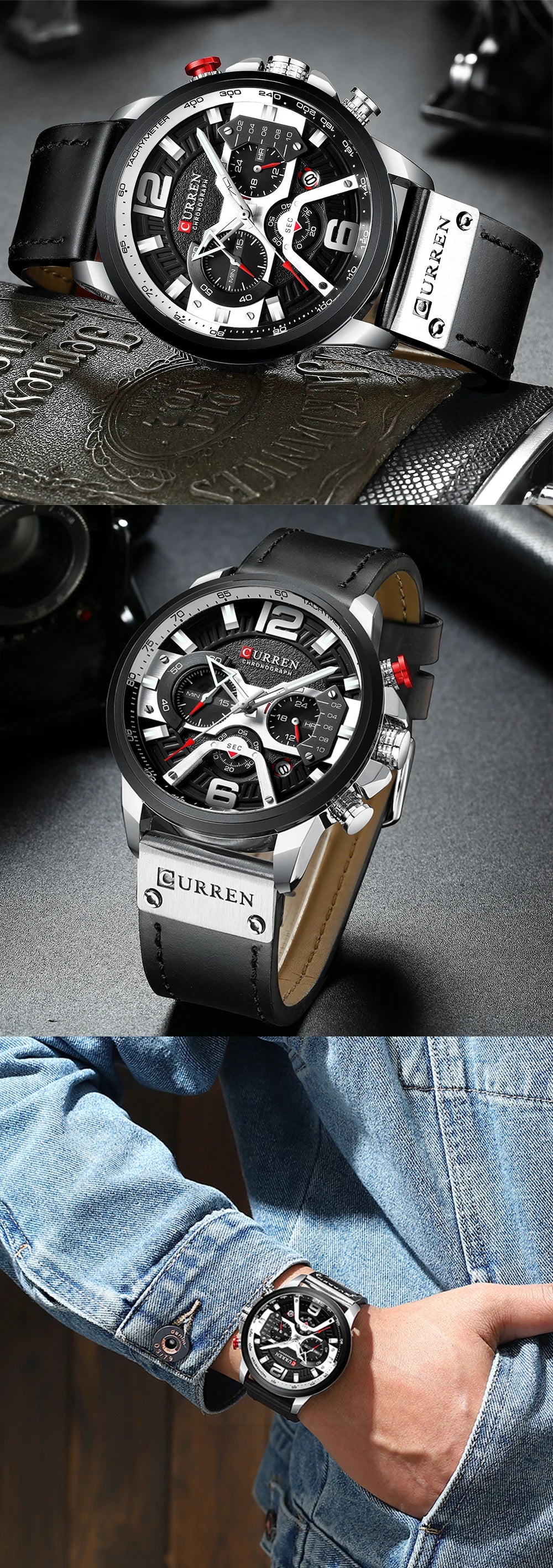 CURREN Men’s Luxury Sport Chronograph Watch Blue Dial, Leather Strap & Military Design