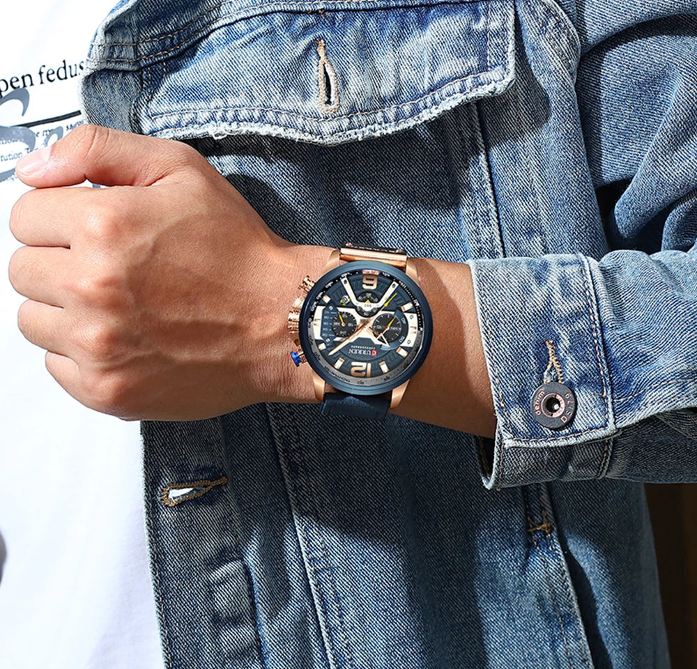 CURREN Men’s Luxury Sport Chronograph Watch Blue Dial, Leather Strap & Military Design
