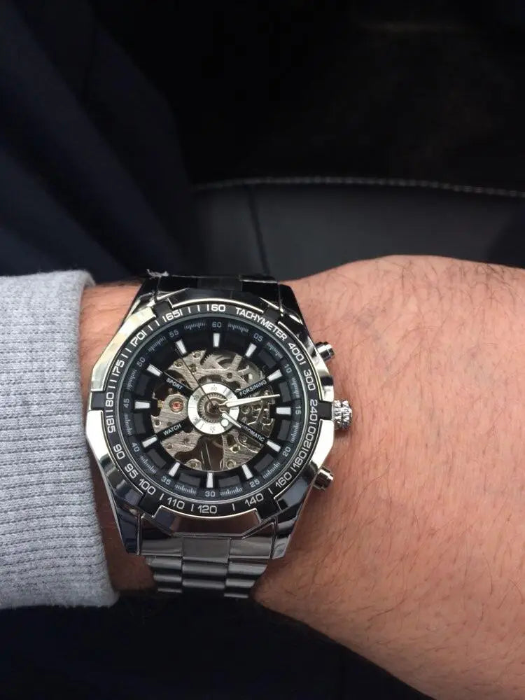 Forsining 2021 Stainless Steel Waterproof Mens Skeleton Watches Top Brand Luxury Transparent Mechanical Sport Male Wrist Watches