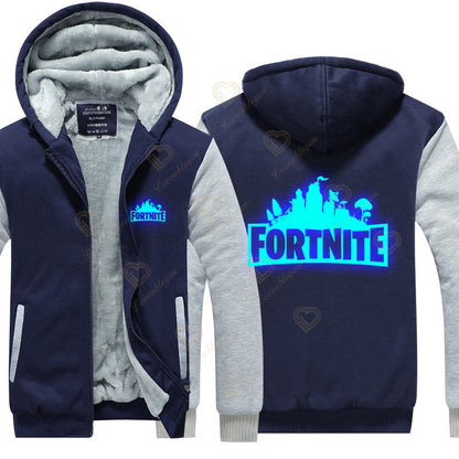 Sweat-shirts com capuz luminosos Fortnite de inverno, quentes, para homem e mulher, cosplay de jogo, em velo espesso, com fecho, casaco e sobretudo para casal