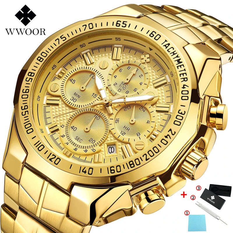 WWOOR Top Brand Luxury Sport Watch For Men Quartz Chronograph Date Luminous Black Full Steel Wrist Watch Male Clock Reloj Hombre