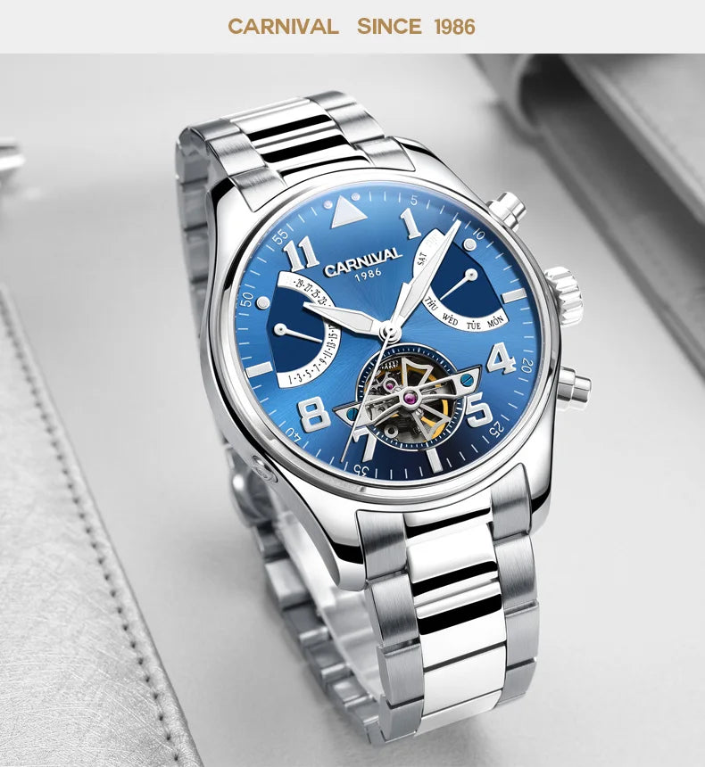CARNIVAL Fashion Tourbillon Mechanical Watches for Man Automatic Watch Sapphire Waterproof Calendar Luminous Relogio Masculino