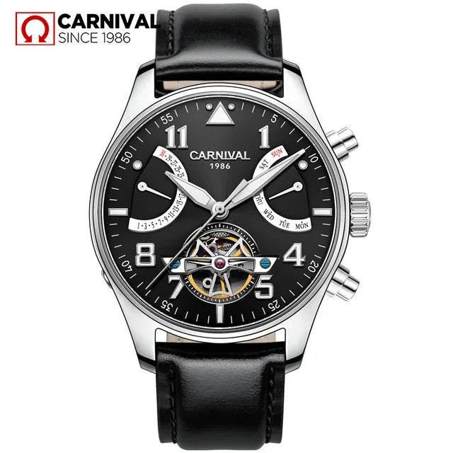 CARNIVAL Fashion Tourbillon Mechanical Watches for Man Automatic Watch Sapphire Waterproof Calendar Luminous Relogio Masculino
