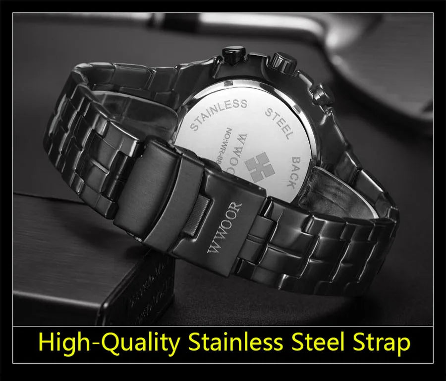 WWOOR Top Brand Luxury Sport Watch For Men Quartz Chronograph Date Luminous Black Full Steel Wrist Watch Male Clock Reloj Hombre