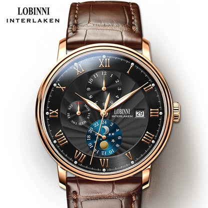 LOBINNI Men Watches Fashion Brand wrist watch Seagull Automatic Mechanical Clock Sapphire Moon Phase relogio masculino L1023B-2