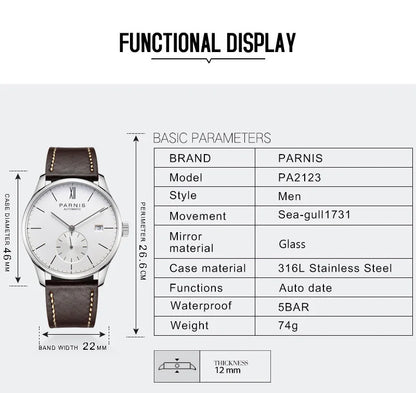 Parnis Mechanical Watches Minimalist Watch for Men Wristwatch Luxury Waterproof Automatic hombre Relogio Masculino Calendar 2025