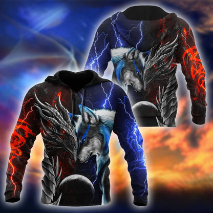 Rød og blå drage & ulv 3D-printet mode-hættetrøje til mænd, efterår, unisex streetwear, casual lynlåsjakke og pullover KJ494