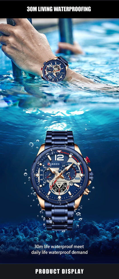 CURREN Casual Business Chronograph Waterproof Stainless Steel Watch Mens New Luxury Fashion Quartz Men wristwatch  часы мужские