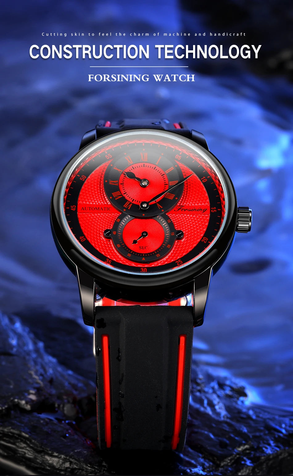 Men Wristwatch Blue White Dial Automatic Transparent Mechanical Watch Silicone Rubber Band Male Sport Clock Relogio Masculino