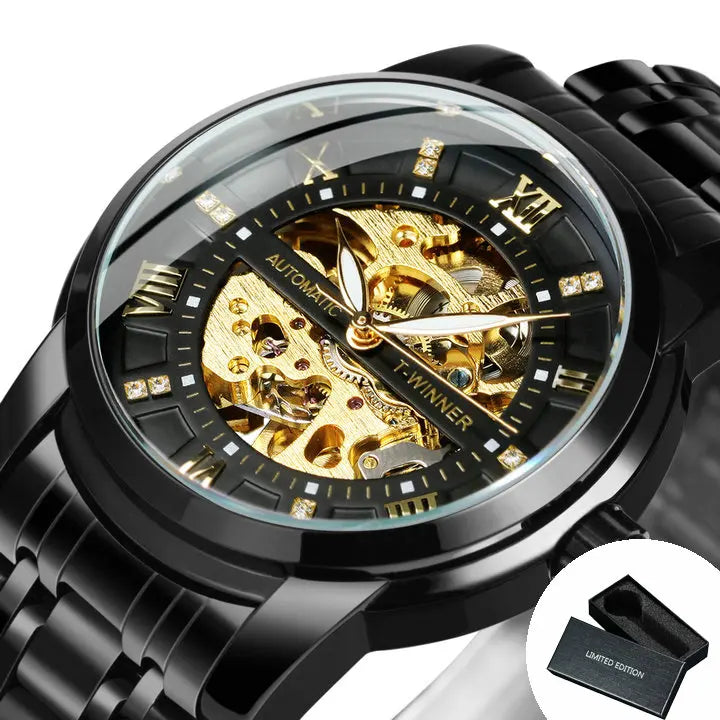 WINNER Classic Mechanical Watches Luxury Diamond Dial Black Gold Skeleton Automatic Mens Watch Stainless Steel Strap Wristwatch