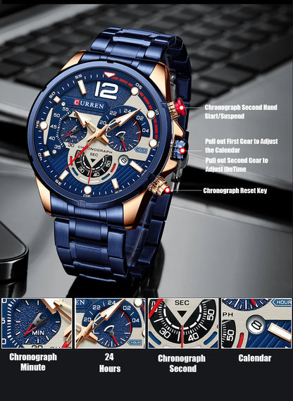 CURREN Casual Business Chronograph Waterproof Stainless Steel Watch Mens New Luxury Fashion Quartz Men wristwatch  часы мужские