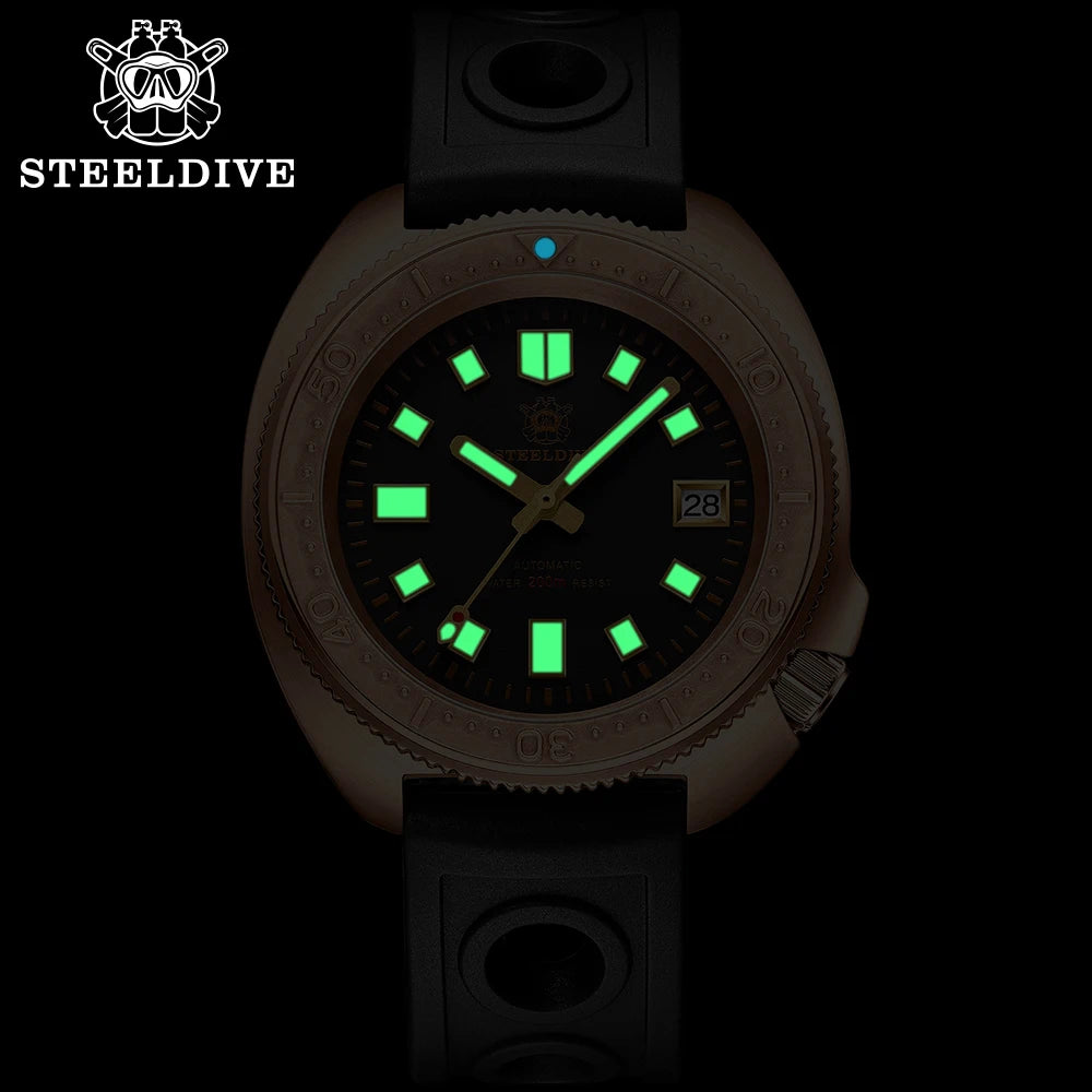 STEELDIVE Men Bronze Dive Watch 200M Water Resistant Ceramic Bronze Bezel Automatic Movement Wristwatch