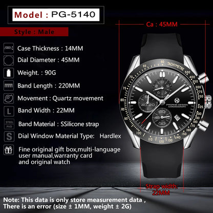 PAGANI DESIGN New 45mm Men Quartz Watch Rubber Belt Men's Luxury Watch Fashion Casual Sports Male Clock Relogio Maasculino