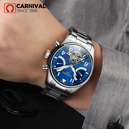 CARNIVAL Fashion Tourbillon Mechanical Watches for Man Automatic Watch Sapphire Waterproof Calendar Luminous Relogio Masculino
