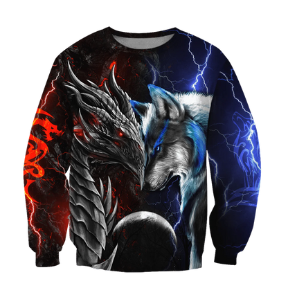 Rød og blå drage & ulv 3D-printet mode-hættetrøje til mænd, efterår, unisex streetwear, casual lynlåsjakke og pullover KJ494