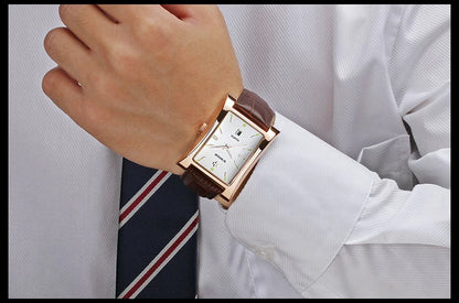 WWOOR Brand Classic Fashion Mens Rectangle Watches Male Gold Brown Leather Quartz Waterproof Wrist Watch For Men Calendar Clocks