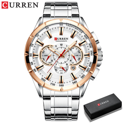 Men New CURREN Casual Sport Chronograph Men's Watch Stainless Steel Band Wristwatch Big Dial Quartz Clock with Luminous Pointers