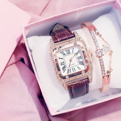 Square Women Watches Waterproof Luxury Rhinestone Quartz Wristwatch PU Leather Ladies Watch Female Ladies Watch Gift Wrist Watch