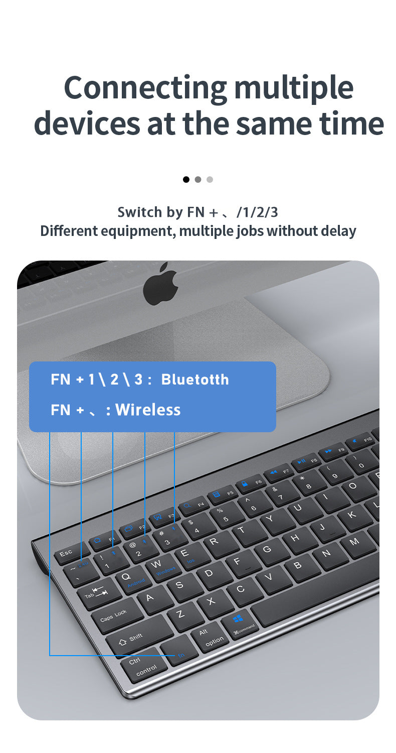 Teclado Sem Fios Bluetooth 5.0&3.0&2.4G FN+1/2/3 Dual-Mode 350mAh Ultra Fino para Portátil, PC, TV, iPad, Macbook e Android