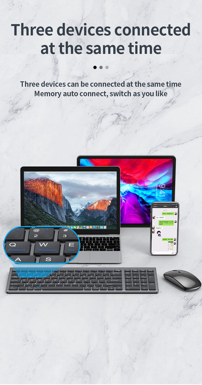 Teclado Sem Fios Bluetooth 5.0&3.0&2.4G FN+1/2/3 Dual-Mode 350mAh Ultra Fino para Portátil, PC, TV, iPad, Macbook e Android