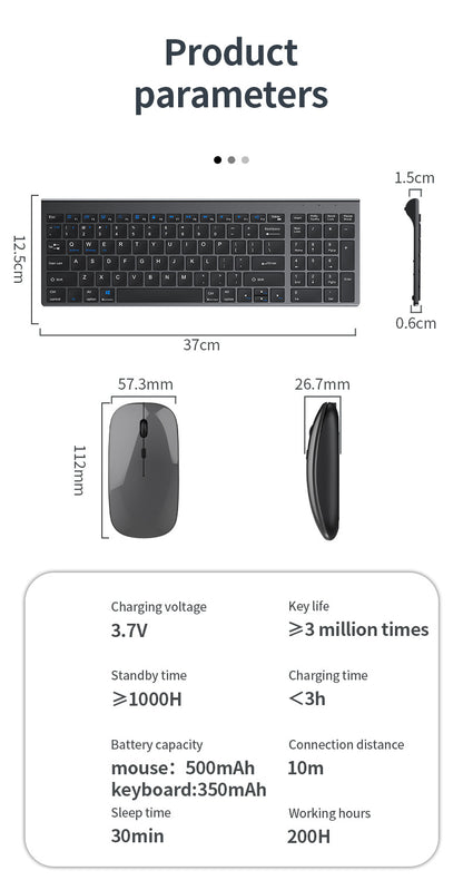 Teclado Sem Fios Bluetooth 5.0&3.0&2.4G FN+1/2/3 Dual-Mode 350mAh Ultra Fino para Portátil, PC, TV, iPad, Macbook e Android