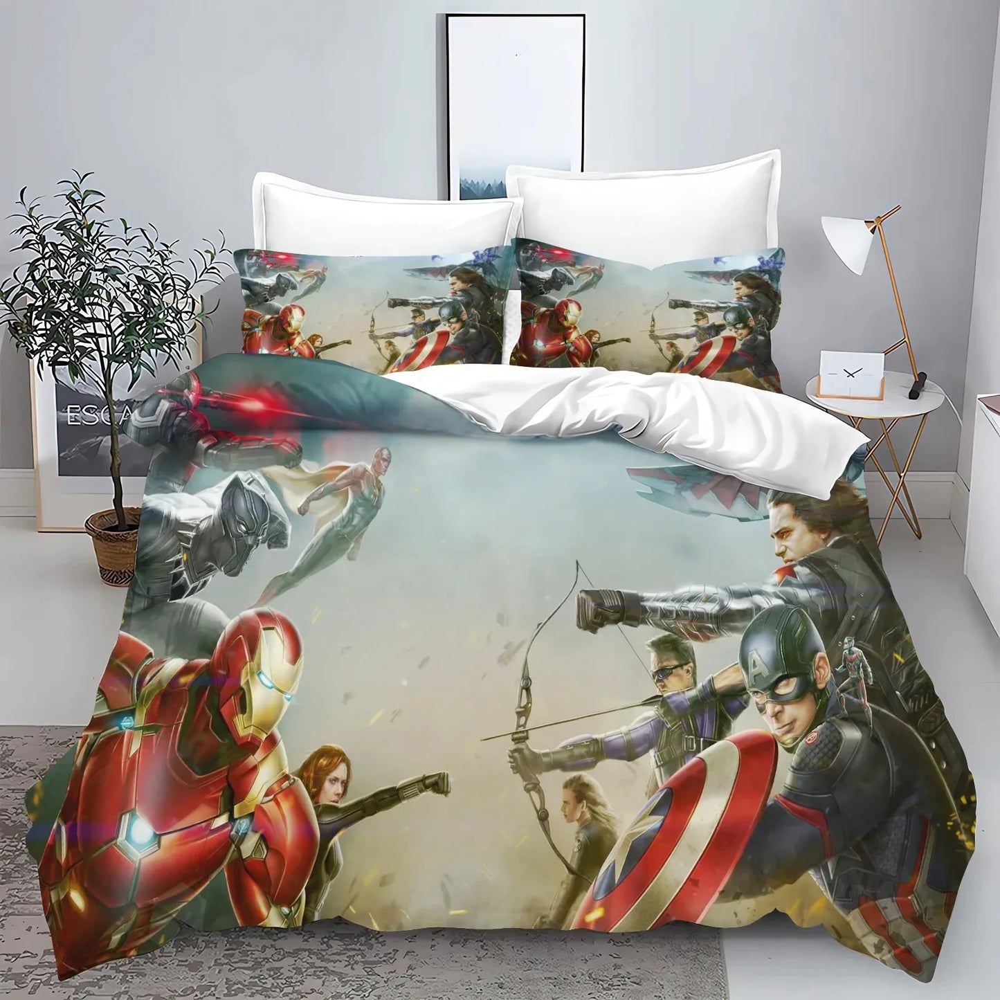 Conjunto de capa de edredão e fronhas The Avengers Hero para cama, decoração de quarto para adulto, menino ou menina, criança, solteiro ou casal, tamanho grande