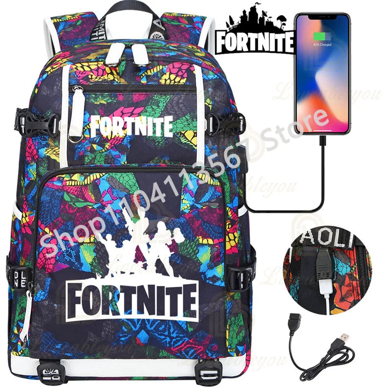 Mochila Yule Trooper F-Fortnited Battle Royale com carregamento USB, figuras anime e compartimento para material escolar para estudantes