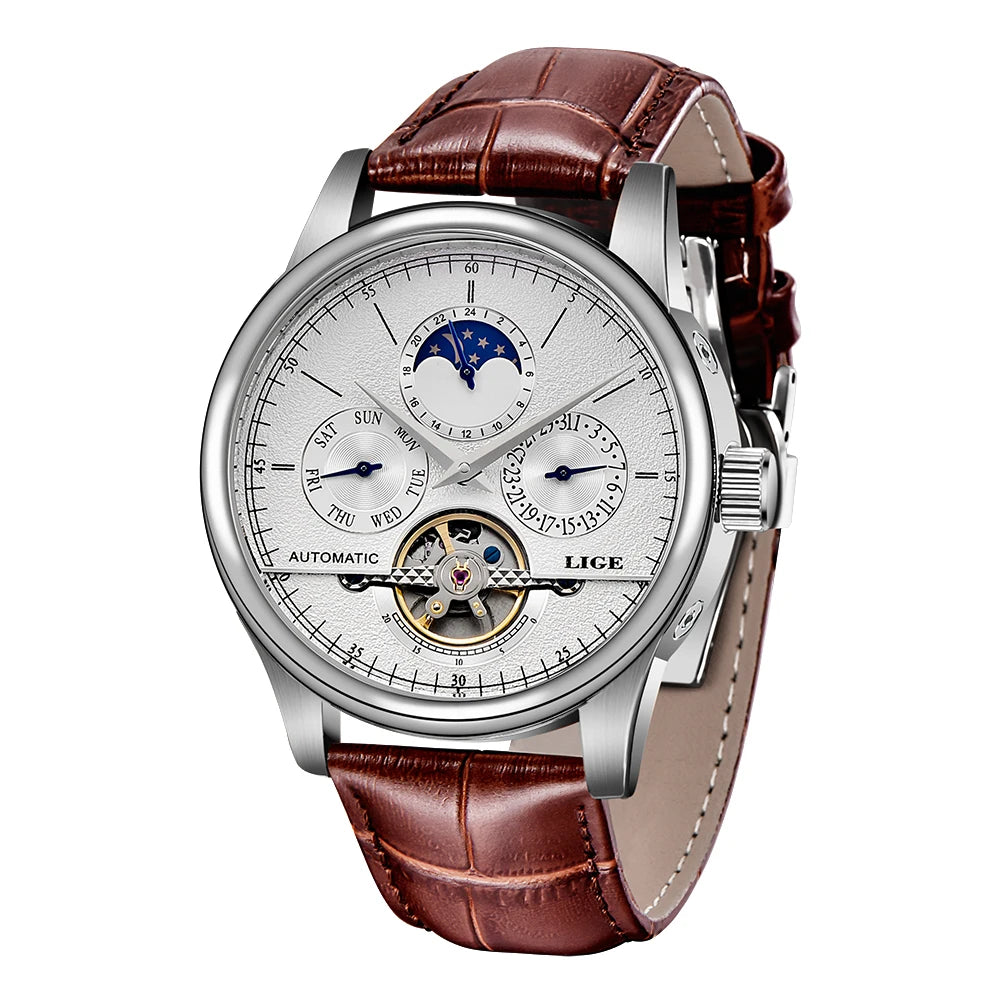 LIGE Brand Classic Mens Retro Watches Automatic Mechanical Watch Tourbillon Clock Genuine Leather Waterproof Military Wristwatch