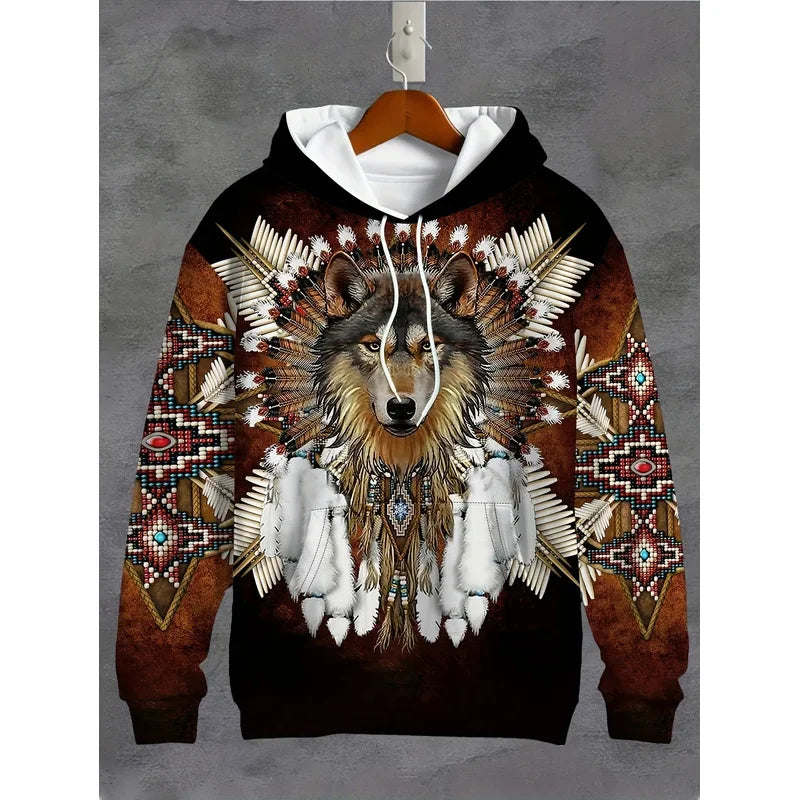 Men'S 3D White Wolf Print Hoodie, Casual Long Sleeve Pullover with Drawstring Pocket, 100% Polyester Slight Stretch Men Clothing