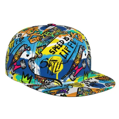 Farverig baseballcap med graffitikunst-print, justerbar snapback-kasket til mænd og kvinder, unisex hiphop-kasketter med flad skygge