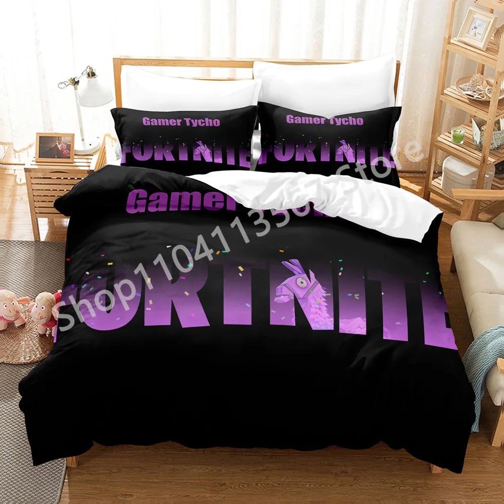Conjunto de Cama Battle Royale F-Fortnite 3 Peças para Crianças, Capa de Edredão, Colcha e Fronha, Tamanho Duplo, Decoração de Quarto Victory Game