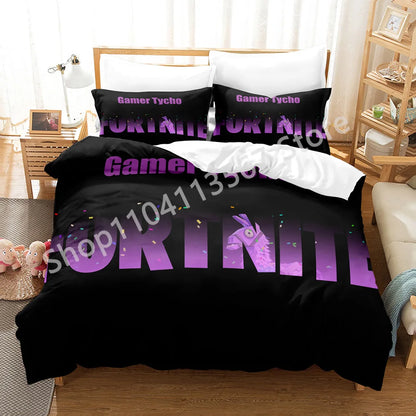Conjunto de Cama Battle Royale F-Fortnite 3 Peças para Crianças, Capa de Edredão, Colcha e Fronha, Tamanho Duplo, Decoração de Quarto Victory Game