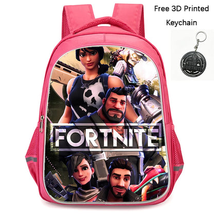 FORTNITE 16-inch Durable Lightweight Backpack, Dual Zipper Pockets, Cartoon Style for Boys & Girls 6-10,Free 3D Printed Keychain