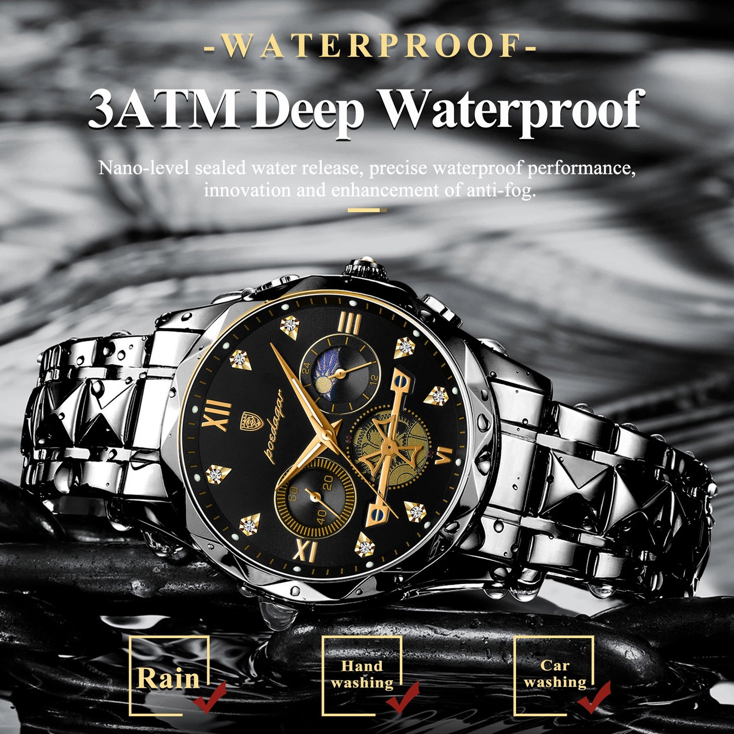 POEDAGAR Top High Quality Man Wristwatch Stainless Steel Chronograph Business Men Watch Waterproof Luminous Quartz Men's Watches